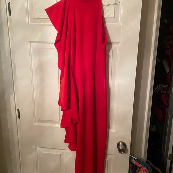 Red Midi Dress With Draping Ruffle Medium - Picture 3 of 4
